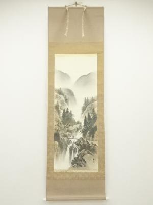 華秋筆　彩色山水　肉筆絹本掛軸（箱付）